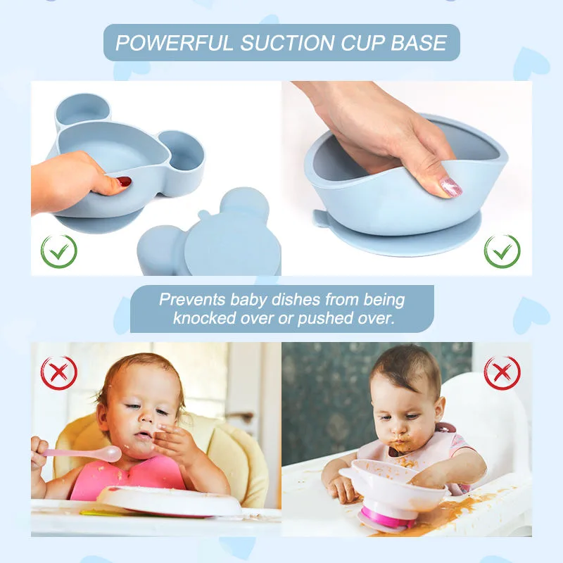 BPA Free Toddler Silicone Baby Feeding Supplies Snack Food Dinnerware Silicone Cup Bib Suction Plate Bowl Spoon and Fork Set - detail view 1