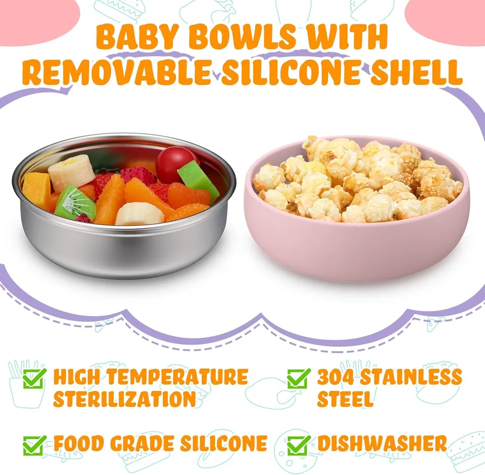 BPA Free Silicone Removable Suction Divided Plates 304 Stainless Steel Food Plates for Kids - detail view 3