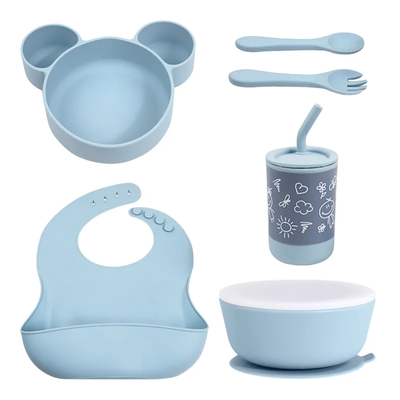 BPA Free Toddler Silicone Baby Feeding Supplies Snack Food Dinnerware Silicone Cup Bib Suction Plate Bowl Spoon and Fork Set - detail view 6