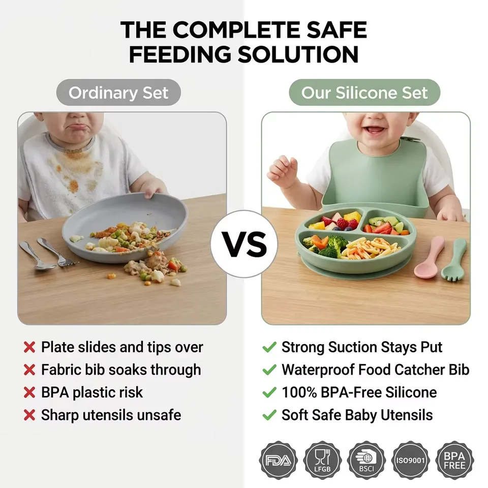 BPA Free Silicone Baby Bowl Kids Plate Bib Weaning Set Children Tableware for Safe Baby Feeding - detail view 1