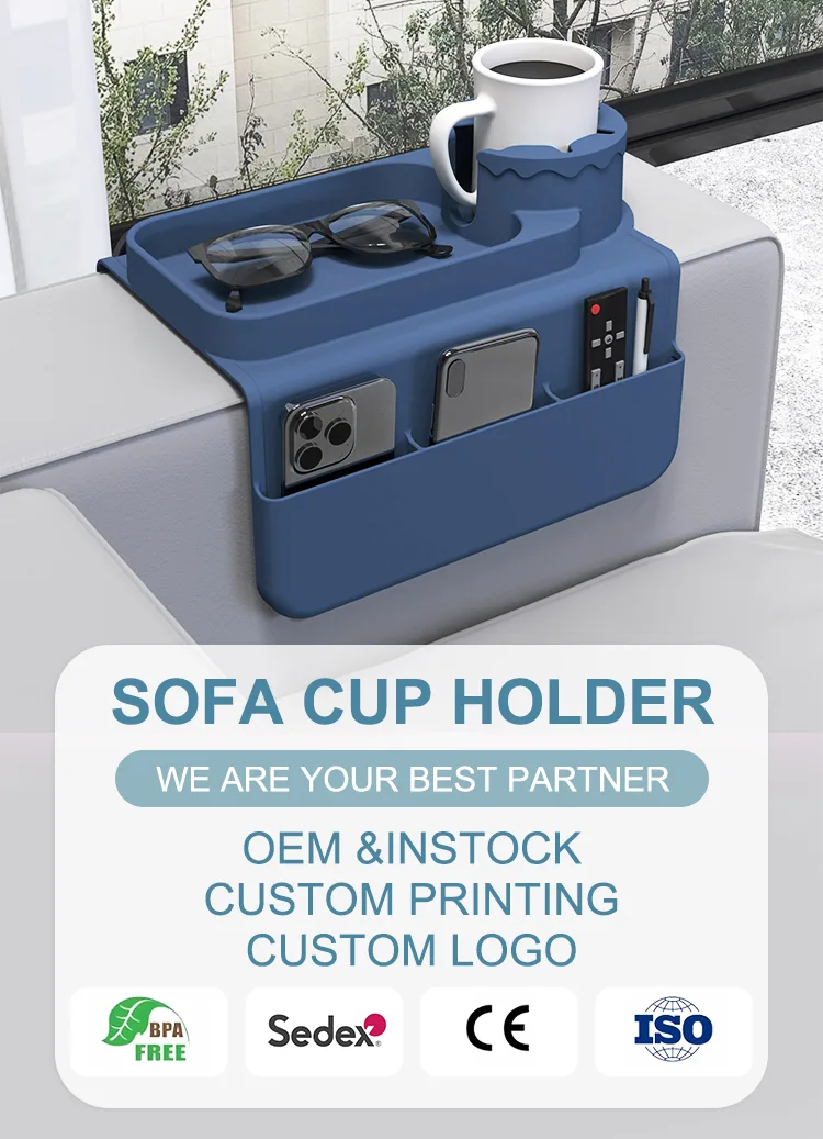 Custom Silicone Sofa Armrest Tray Coasters Recliner Drink Holder Cellphone Couch Cup Holder Tray with Side Pockets - detail view 6