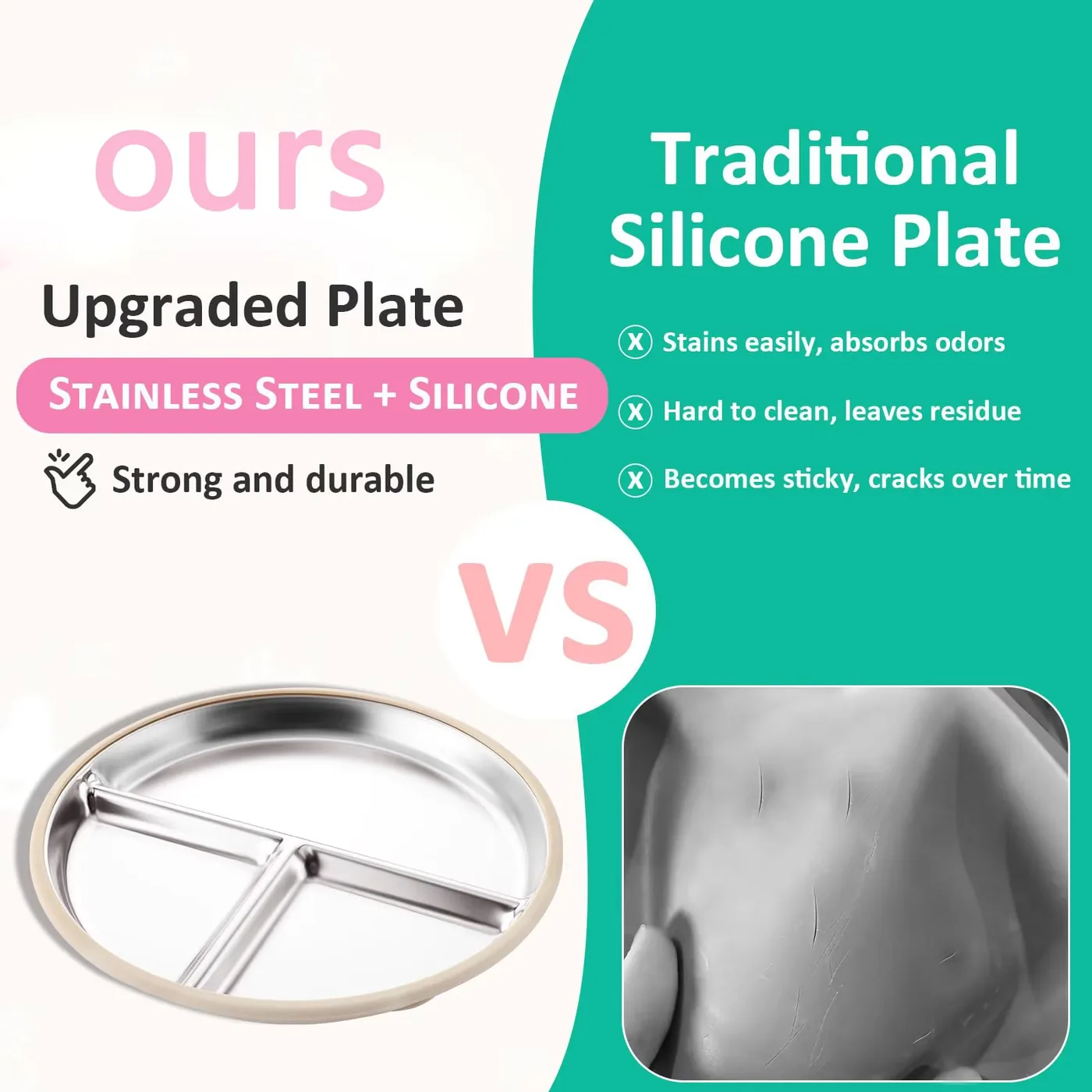 9" Stainless Steel Divided Toddler Plate Removable Silicone Sleeves Non Toxic BPA Free Unbreakable Baby Kids Dining - detail view 7