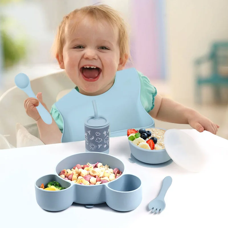BPA Free Toddler Silicone Baby Feeding Supplies Snack Food Dinnerware Silicone Cup Bib Suction Plate Bowl Spoon and Fork Set - detail view 3