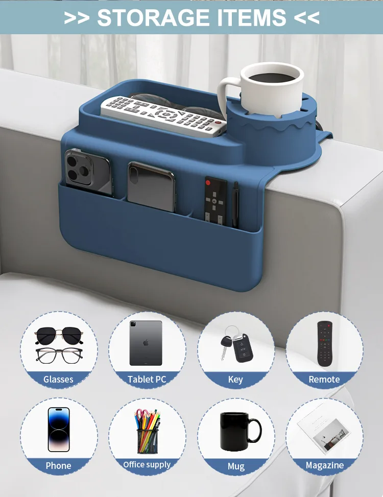 Custom Silicone Sofa Armrest Tray Coasters Recliner Drink Holder Cellphone Couch Cup Holder Tray with Side Pockets - detail view 11
