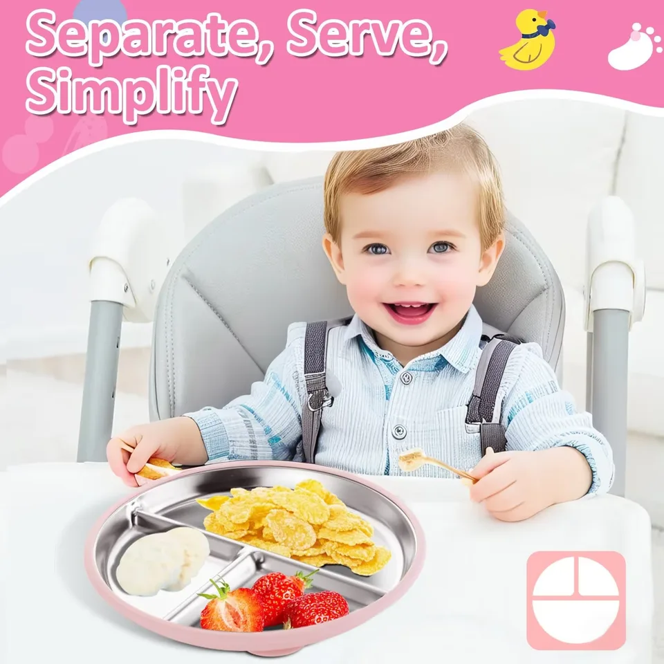 9" Stainless Steel Divided Toddler Plate Removable Silicone Sleeves Non Toxic BPA Free Unbreakable Baby Kids Dining - detail view 3
