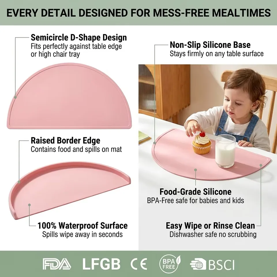 Wholesale Custom Classic Baby Round Silicone Placemat Custom Logo Colorful Food Grade Stain-resistant Kids Tableware Mat - detail view 4