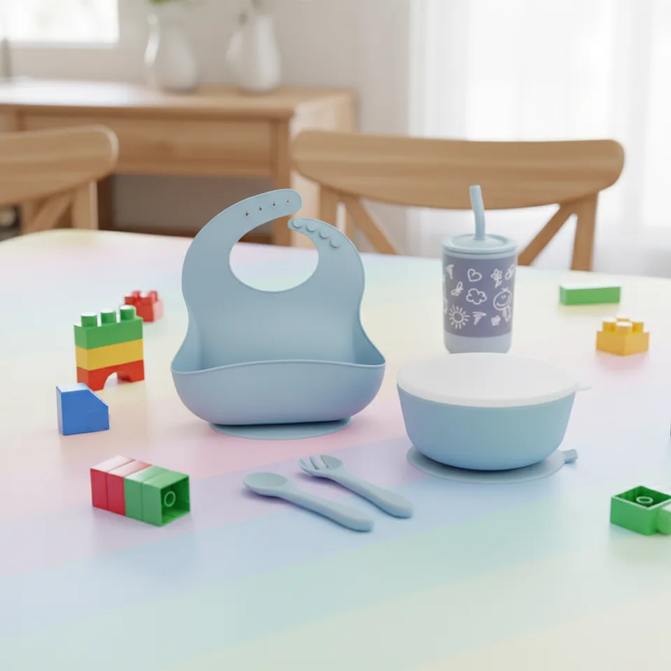 BPA Free Toddler Silicone Baby Feeding Supplies Snack Food Dinnerware Silicone Cup Bib Suction Plate Bowl Spoon and Fork Set - custom silicone manufacturer