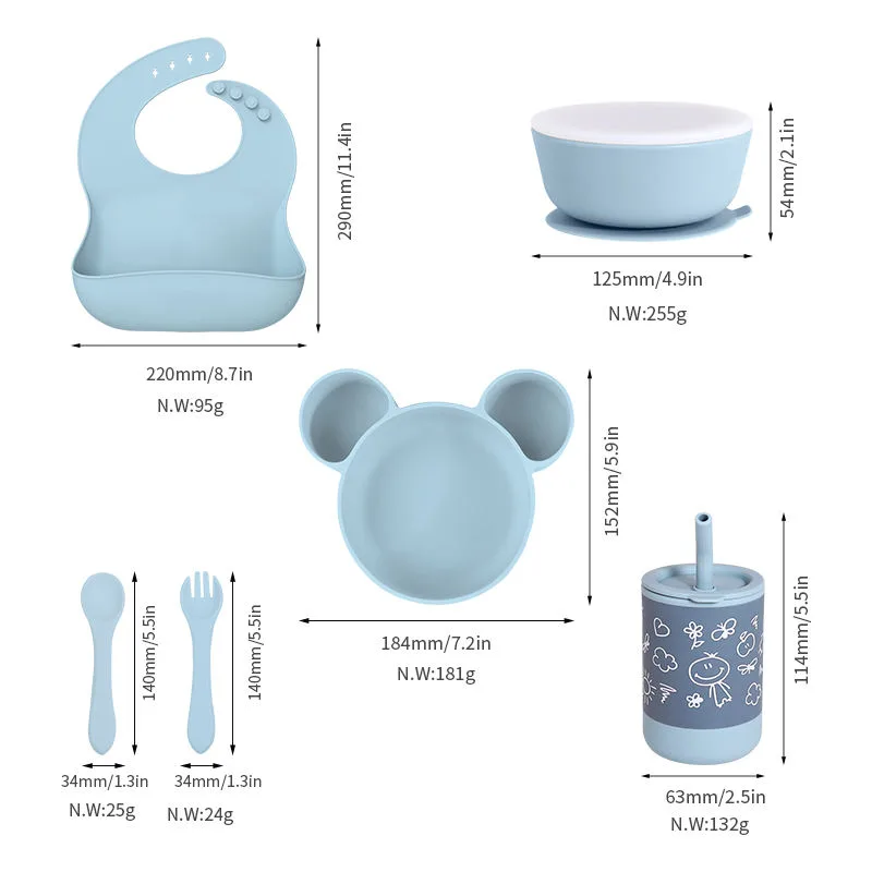 BPA Free Toddler Silicone Baby Feeding Supplies Snack Food Dinnerware Silicone Cup Bib Suction Plate Bowl Spoon and Fork Set - detail view 5