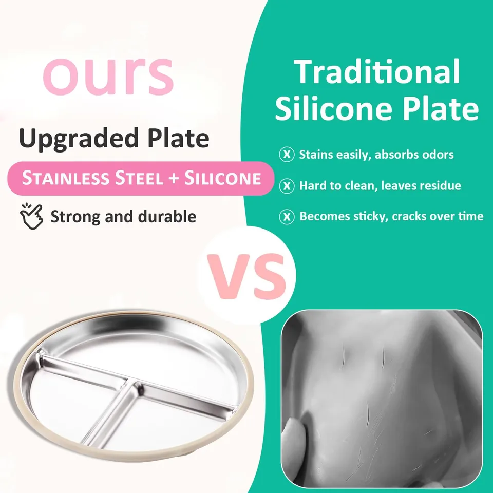9" Stainless Steel Divided Toddler Plate Removable Silicone Sleeves Non Toxic BPA Free Unbreakable Baby Kids Dining - detail view 4
