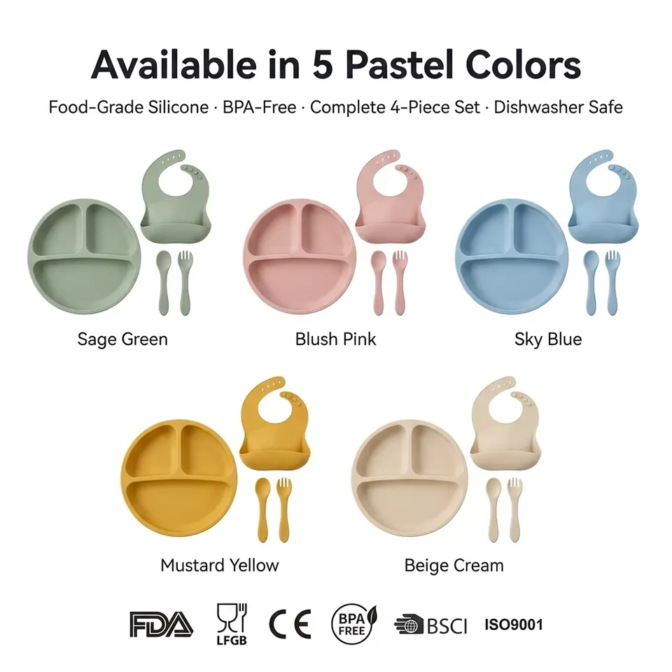 BPA Free Silicone Baby Bowl Kids Plate Bib Weaning Set Children Tableware for Safe Baby Feeding - detail view 4