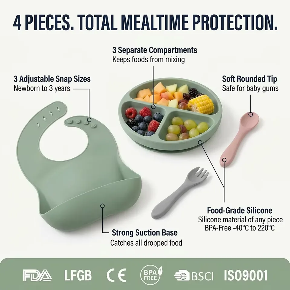 BPA Free Silicone Baby Bowl Kids Plate Bib Weaning Set Children Tableware for Safe Baby Feeding - detail view 2