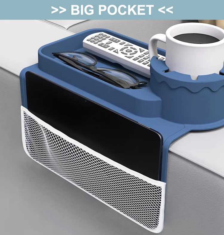 Custom Silicone Sofa Armrest Tray Coasters Recliner Drink Holder Cellphone Couch Cup Holder Tray with Side Pockets - detail view 9