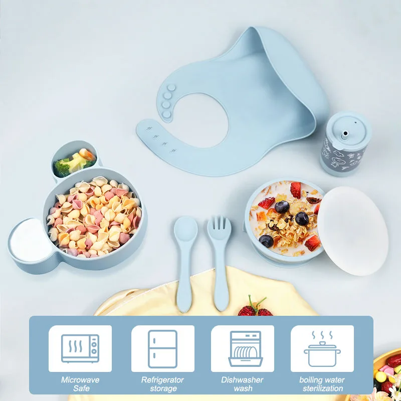 BPA Free Toddler Silicone Baby Feeding Supplies Snack Food Dinnerware Silicone Cup Bib Suction Plate Bowl Spoon and Fork Set - detail view 2