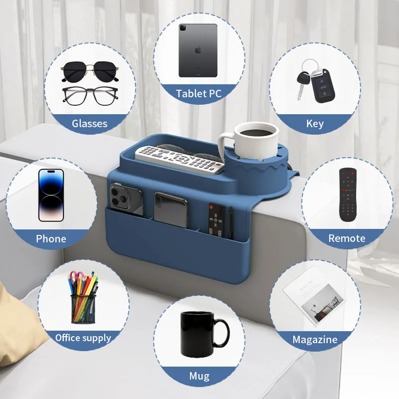 Custom Silicone Sofa Armrest Tray Coasters Recliner Drink Holder Cellphone Couch Cup Holder Tray with Side Pockets - detail view 4