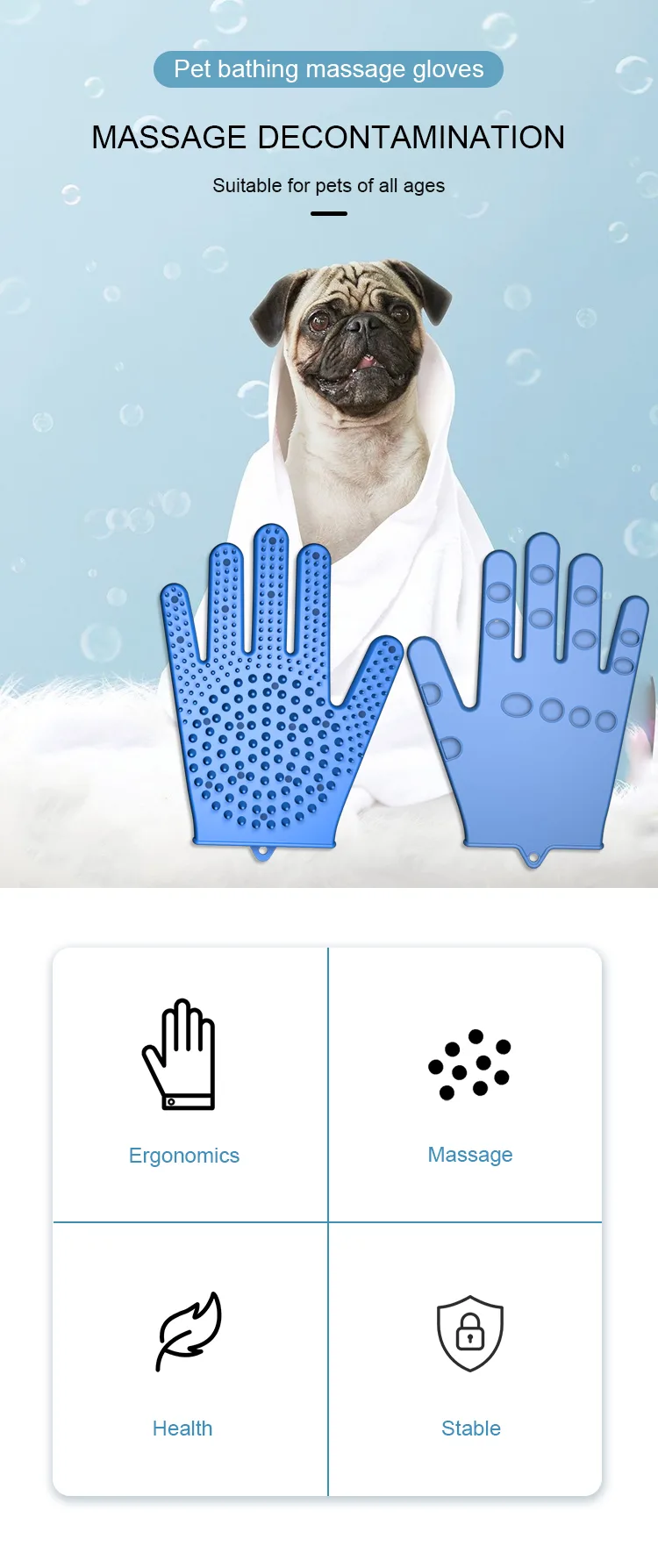 Silicone Pet Bathing Glove Hair Remover Brush Cat and Dog Pet Grooming Massage Bathing Glove - detail view 6