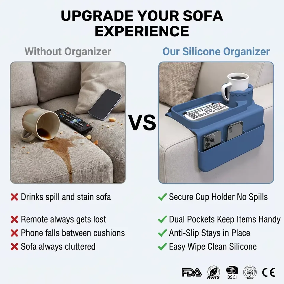 New Silicone Couch Cup Holder Portable Silicone Sofa Armrest Tray for Coffee Mug Phone Remote Snacks - detail view 1