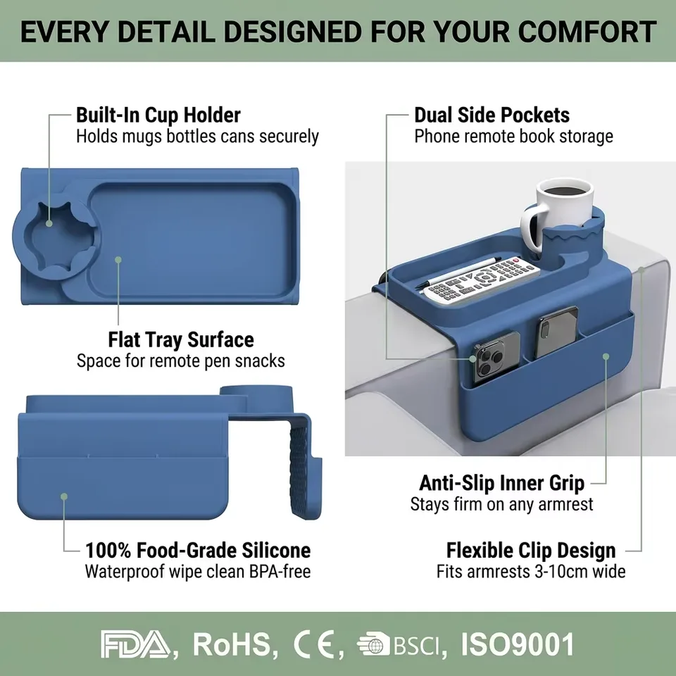 New Silicone Couch Cup Holder Portable Silicone Sofa Armrest Tray for Coffee Mug Phone Remote Snacks - detail view 3