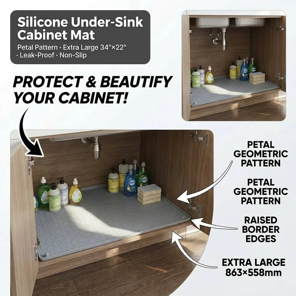 Kitchen Cabinet Liner Multi-Purpose Under Sink Mat Extra Thick Silicone Mat Waterproof with Raised Edge for Kitchen - detail view 1