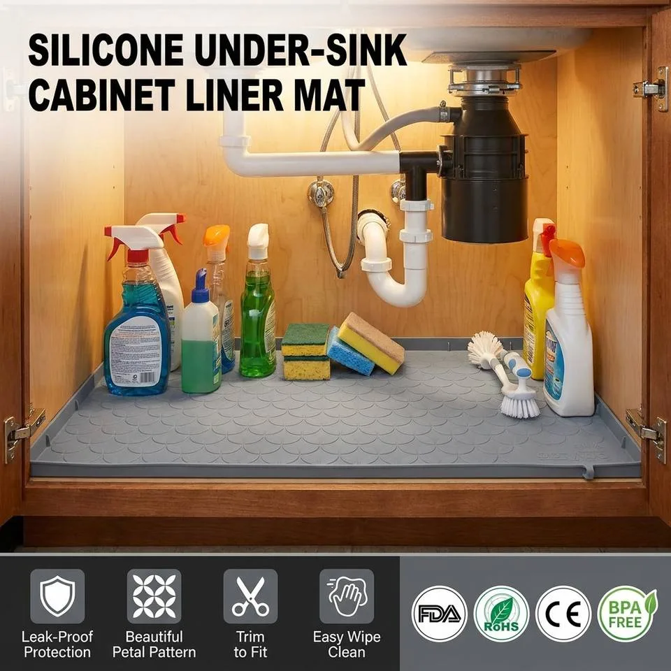 Kitchen Cabinet Liner Multi-Purpose Under Sink Mat Extra Thick Silicone Mat Waterproof with Raised Edge for Kitchen - custom silicone manufacturer