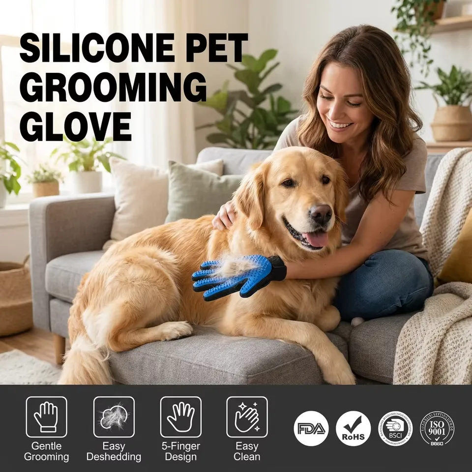 Pet Bath Gloves Supplies Silicon Pet Hair Remover Gloves Mascota Pet Grooming Glove Deshedding Brush with 260 Grooming Tips - detail view 1