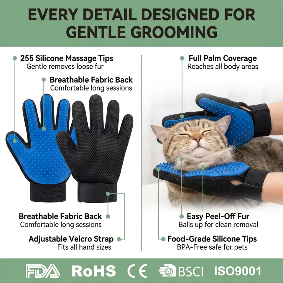 Pet Bath Gloves Supplies Silicon Pet Hair Remover Gloves Mascota Pet Grooming Glove Deshedding Brush with 260 Grooming Tips - detail view 4